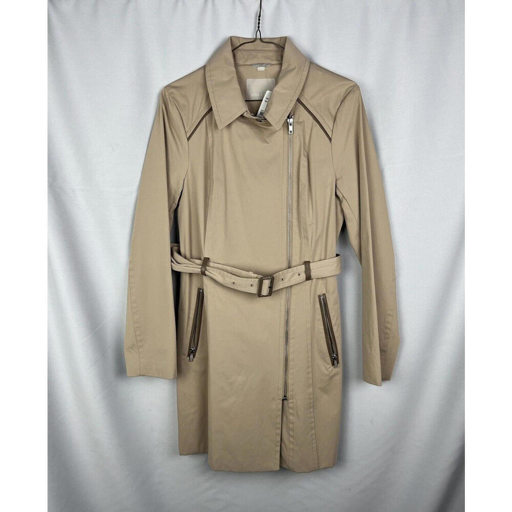 Soia & Kyo Rochelle Belted Zip Rain Coat Cotton Leather Trim Tan Size S